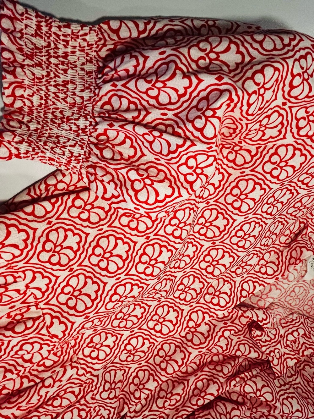 Hyacinth House Tuckernuck Dress M Red White Floral Tiered Midi Puff Sleeve - Picture 7 of 12